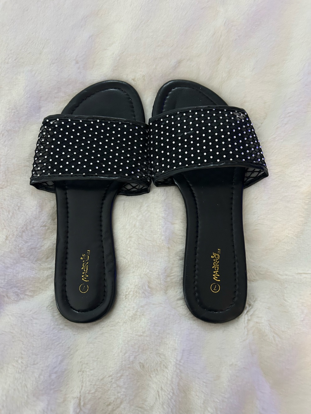Marked Black Slide Sandals with Sparkle Mesh Strap